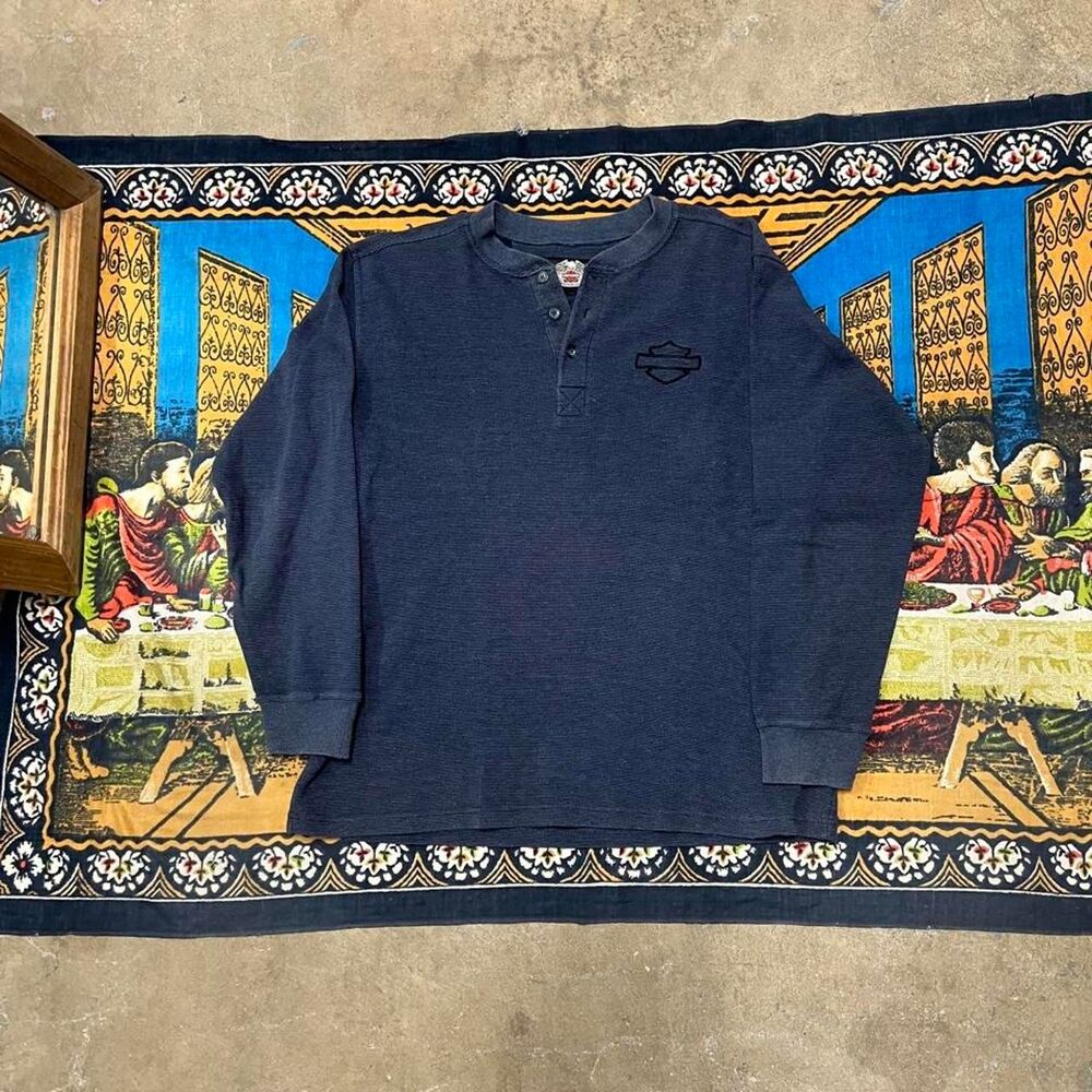 Vintage Navy blue Harley Davidson Henley shirt Size Large biker cottage western